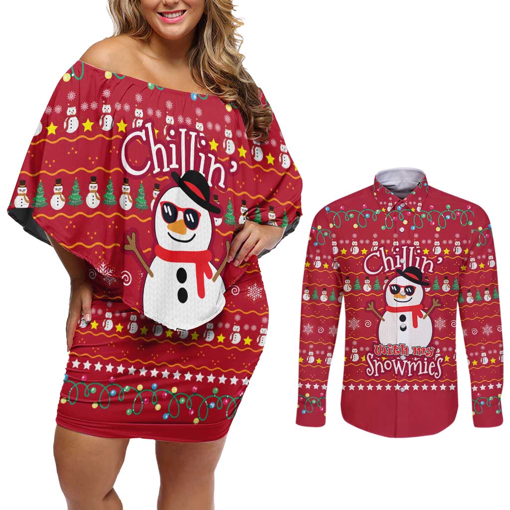 Christmas Chillin With My Snowmies Couples Matching Off Shoulder Short Dress and Long Sleeve Button Shirt Cool Snowman Red Snowflake Light String - Wonder Print Shop
