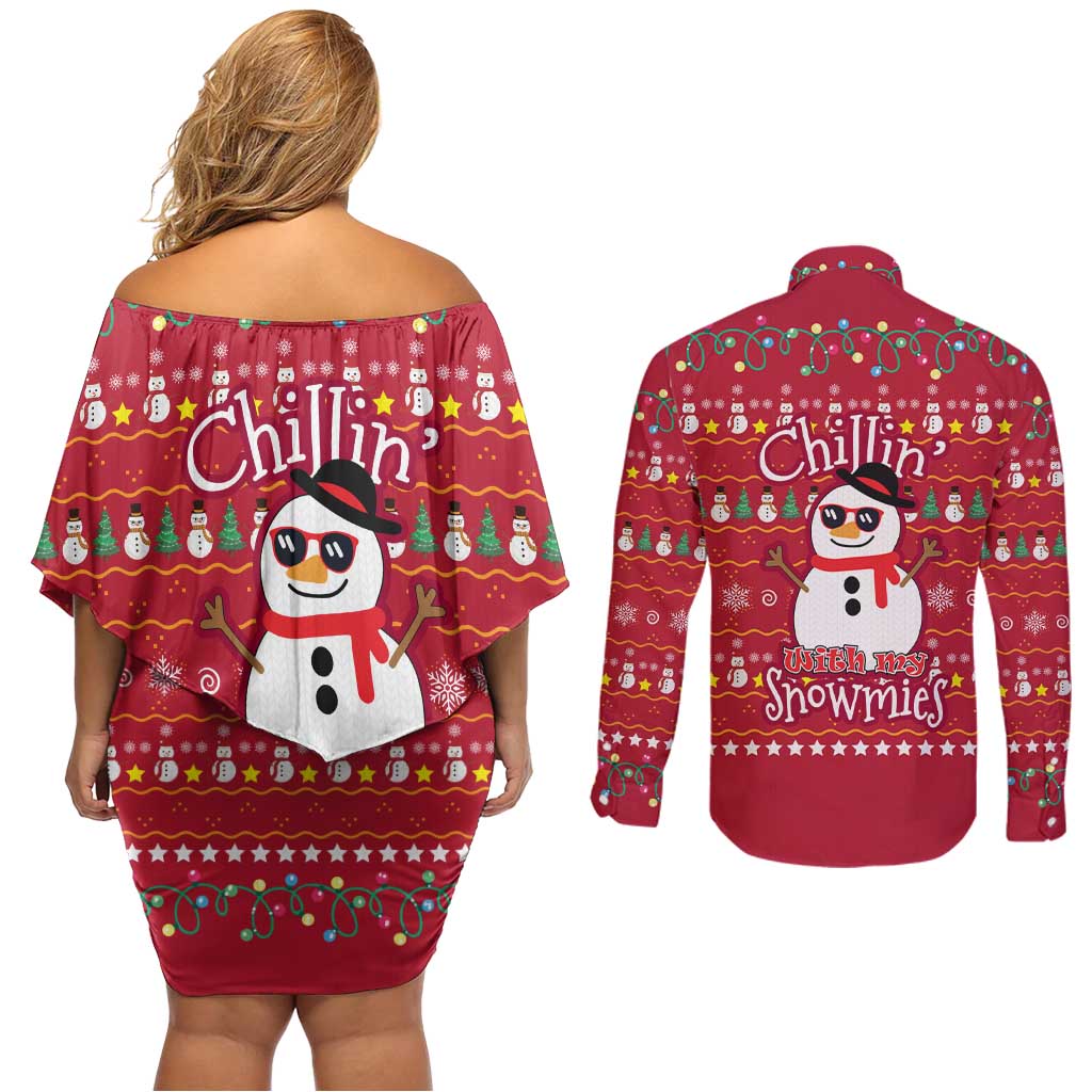 Christmas Chillin With My Snowmies Couples Matching Off Shoulder Short Dress and Long Sleeve Button Shirt Cool Snowman Red Snowflake Light String - Wonder Print Shop