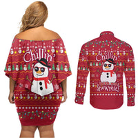Christmas Chillin With My Snowmies Couples Matching Off Shoulder Short Dress and Long Sleeve Button Shirt Cool Snowman Red Snowflake Light String - Wonder Print Shop