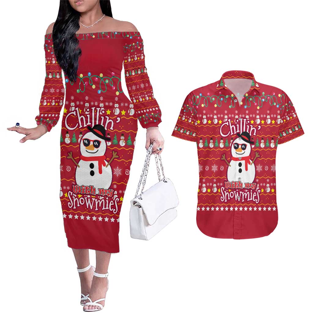 Christmas Chillin With My Snowmies Couples Matching Off The Shoulder Long Sleeve Dress and Hawaiian Shirt Cool Snowman Red Snowflake Light String - Wonder Print Shop