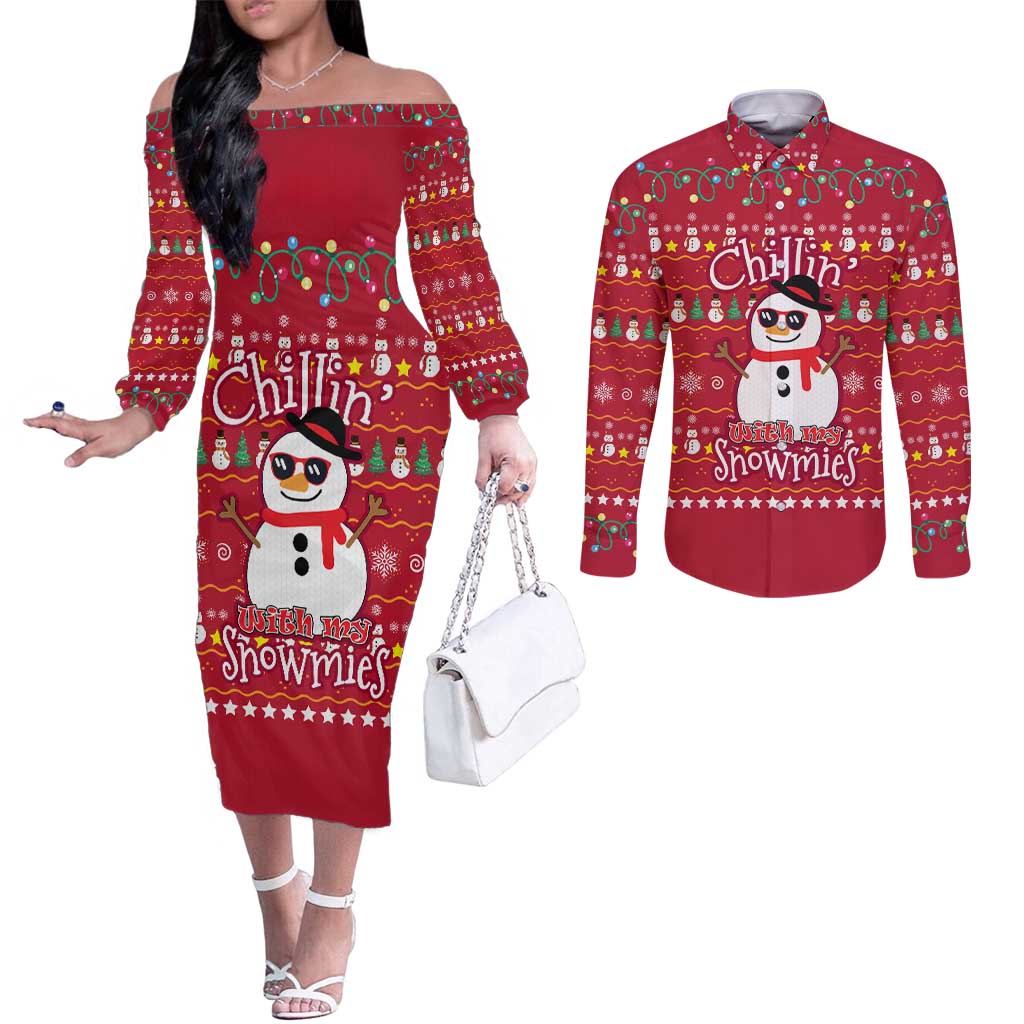 Christmas Chillin With My Snowmies Couples Matching Off The Shoulder Long Sleeve Dress and Long Sleeve Button Shirt Cool Snowman Red Snowflake Light String - Wonder Print Shop