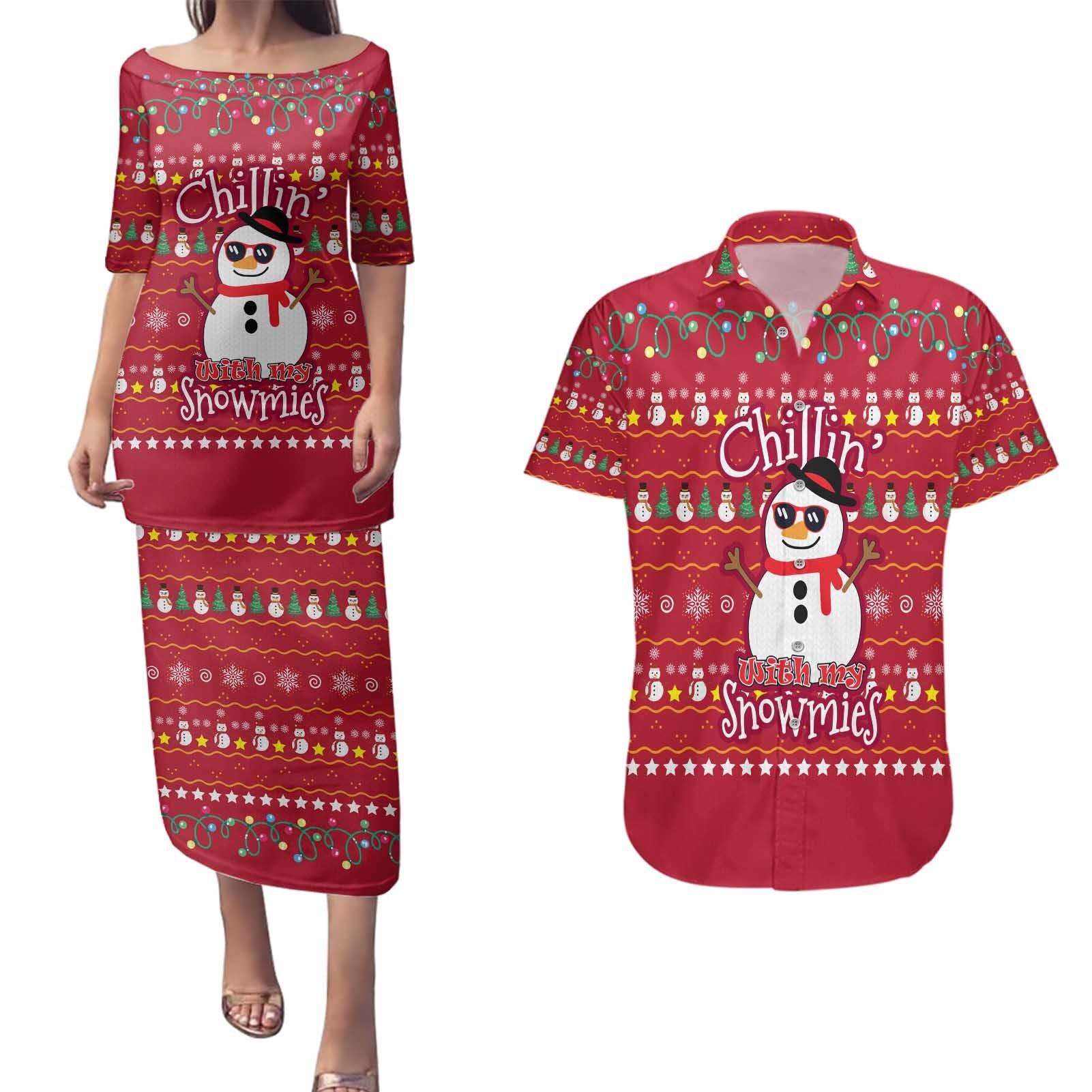Christmas Chillin With My Snowmies Couples Matching Puletasi and Hawaiian Shirt Cool Snowman Red Snowflake Light String - Wonder Print Shop