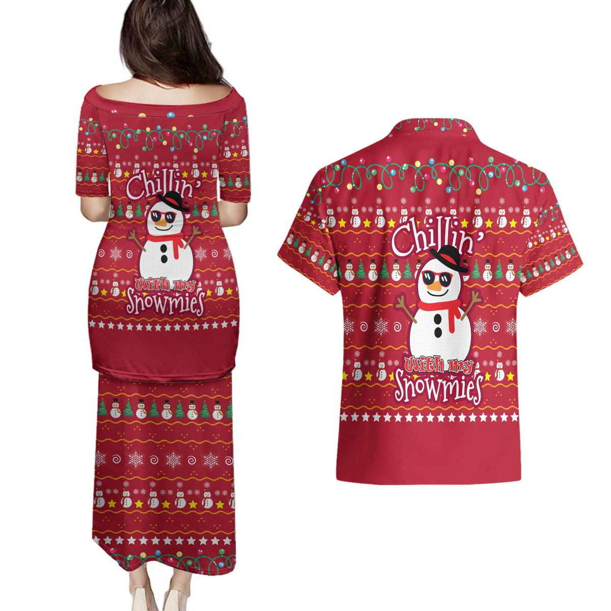 Christmas Chillin With My Snowmies Couples Matching Puletasi and Hawaiian Shirt Cool Snowman Red Snowflake Light String - Wonder Print Shop