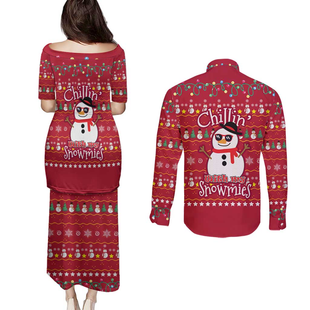 Christmas Chillin With My Snowmies Couples Matching Puletasi and Long Sleeve Button Shirt Cool Snowman Red Snowflake Light String - Wonder Print Shop