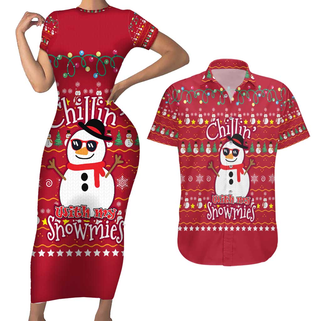 Christmas Chillin With My Snowmies Couples Matching Short Sleeve Bodycon Dress and Hawaiian Shirt Cool Snowman Red Snowflake Light String - Wonder Print Shop