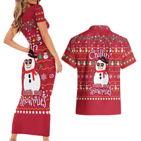 Christmas Chillin With My Snowmies Couples Matching Short Sleeve Bodycon Dress and Hawaiian Shirt Cool Snowman Red Snowflake Light String - Wonder Print Shop