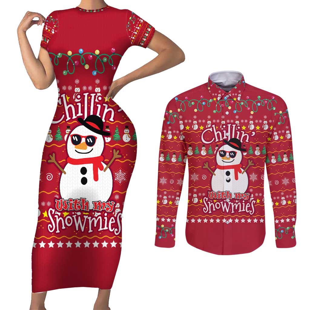 Christmas Chillin With My Snowmies Couples Matching Short Sleeve Bodycon Dress and Long Sleeve Button Shirt Cool Snowman Red Snowflake Light String - Wonder Print Shop
