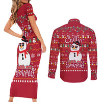 Christmas Chillin With My Snowmies Couples Matching Short Sleeve Bodycon Dress and Long Sleeve Button Shirt Cool Snowman Red Snowflake Light String - Wonder Print Shop
