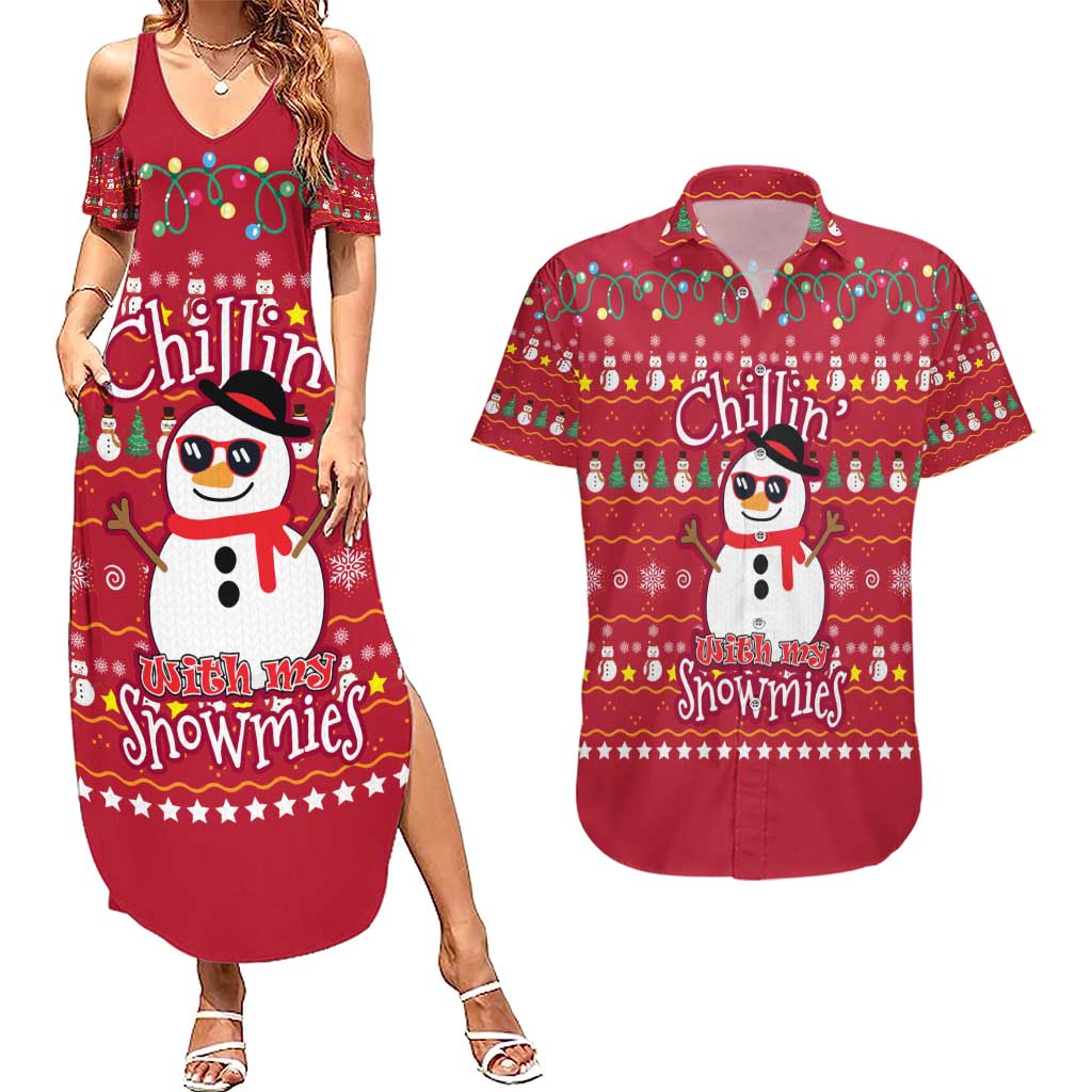Christmas Chillin With My Snowmies Couples Matching Summer Maxi Dress and Hawaiian Shirt Cool Snowman Red Snowflake Light String - Wonder Print Shop