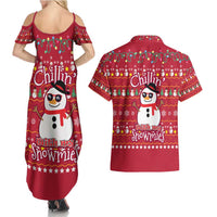 Christmas Chillin With My Snowmies Couples Matching Summer Maxi Dress and Hawaiian Shirt Cool Snowman Red Snowflake Light String - Wonder Print Shop