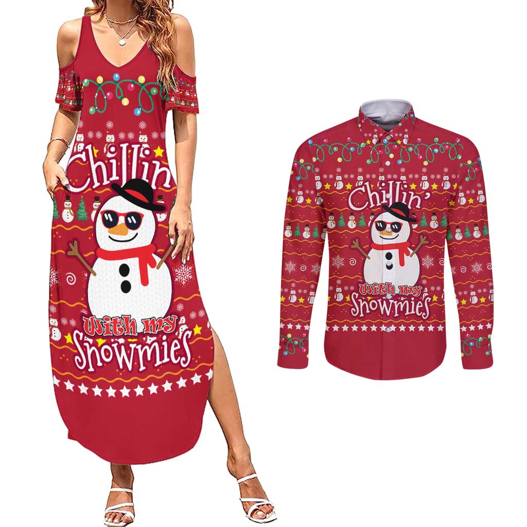 Christmas Chillin With My Snowmies Couples Matching Summer Maxi Dress and Long Sleeve Button Shirt Cool Snowman Red Snowflake Light String - Wonder Print Shop