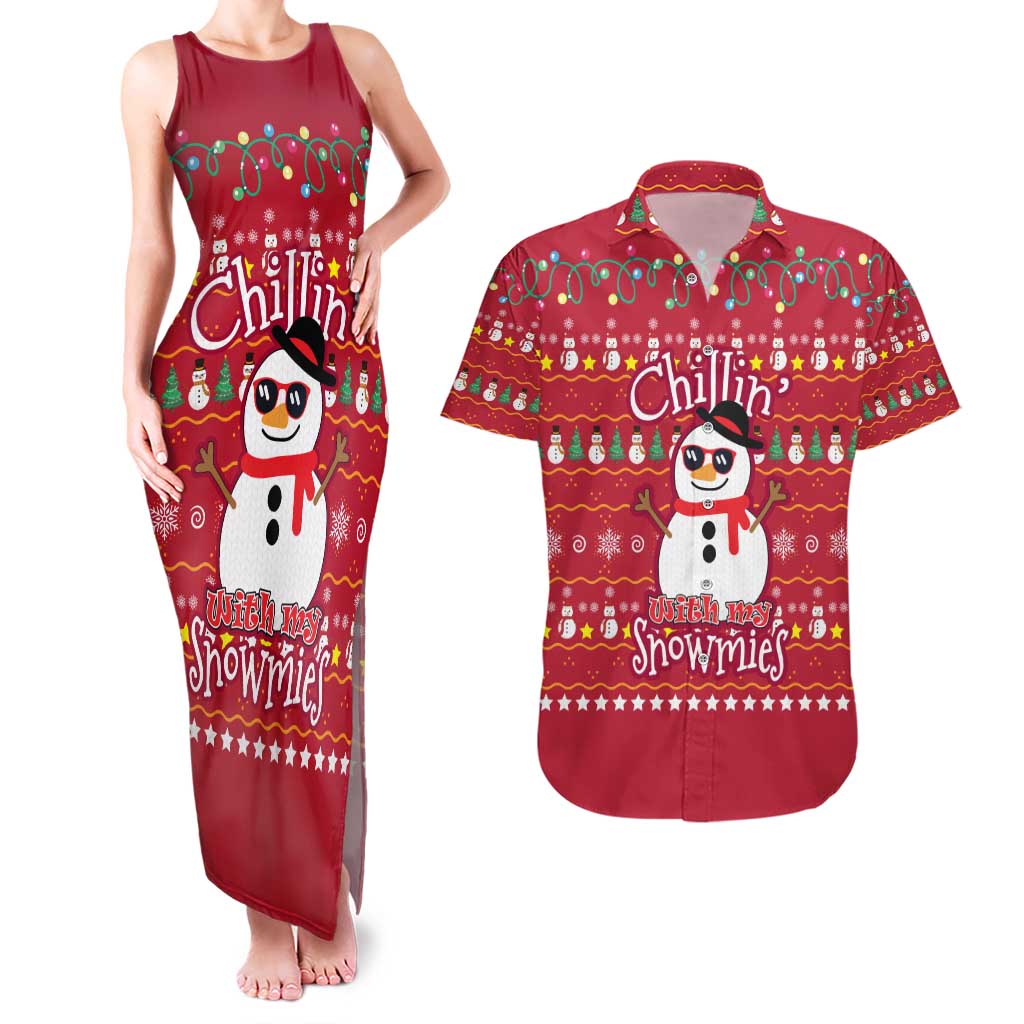 Christmas Chillin With My Snowmies Couples Matching Tank Maxi Dress and Hawaiian Shirt Cool Snowman Red Snowflake Light String - Wonder Print Shop