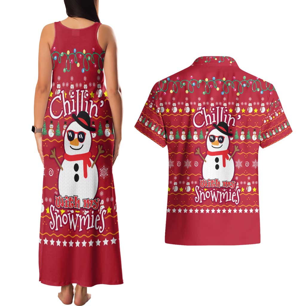 Christmas Chillin With My Snowmies Couples Matching Tank Maxi Dress and Hawaiian Shirt Cool Snowman Red Snowflake Light String - Wonder Print Shop