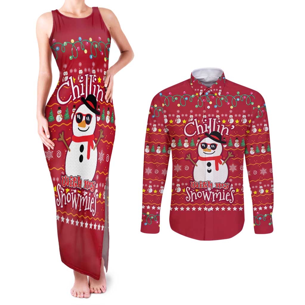 Christmas Chillin With My Snowmies Couples Matching Tank Maxi Dress and Long Sleeve Button Shirt Cool Snowman Red Snowflake Light String - Wonder Print Shop