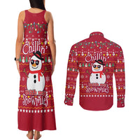 Christmas Chillin With My Snowmies Couples Matching Tank Maxi Dress and Long Sleeve Button Shirt Cool Snowman Red Snowflake Light String - Wonder Print Shop