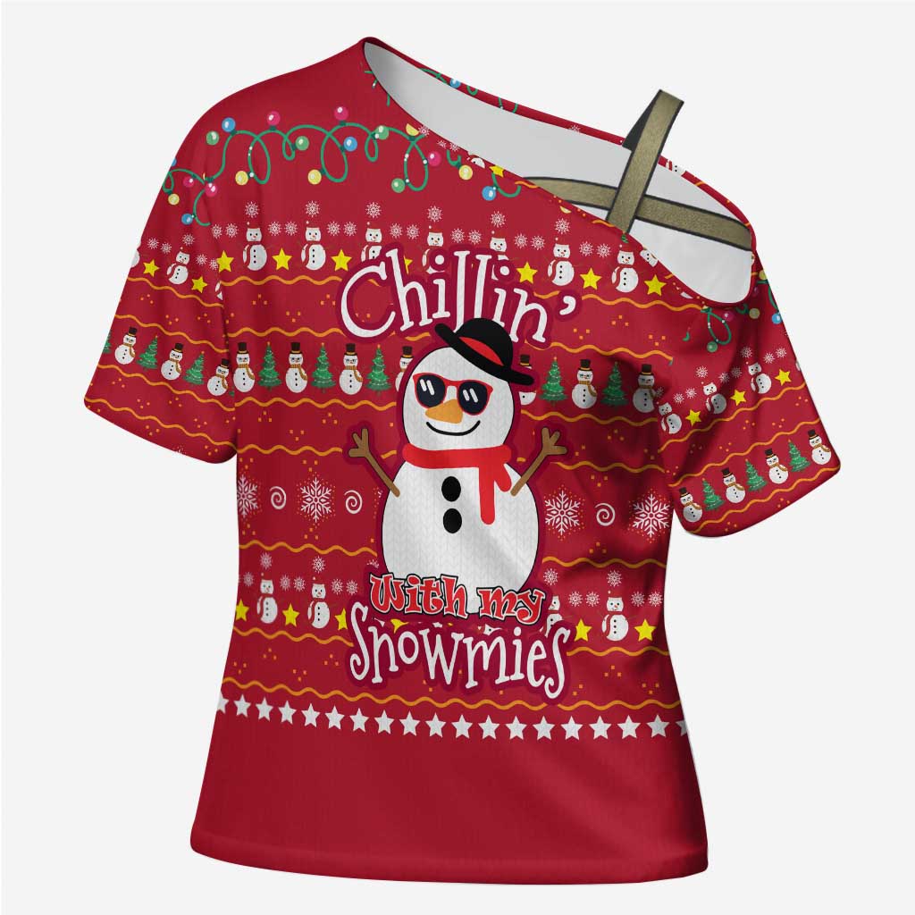 Christmas Chillin With My Snowmies Cross Shoulder Shirt Cool Snowman Red Snowflake Light String - Wonder Print Shop