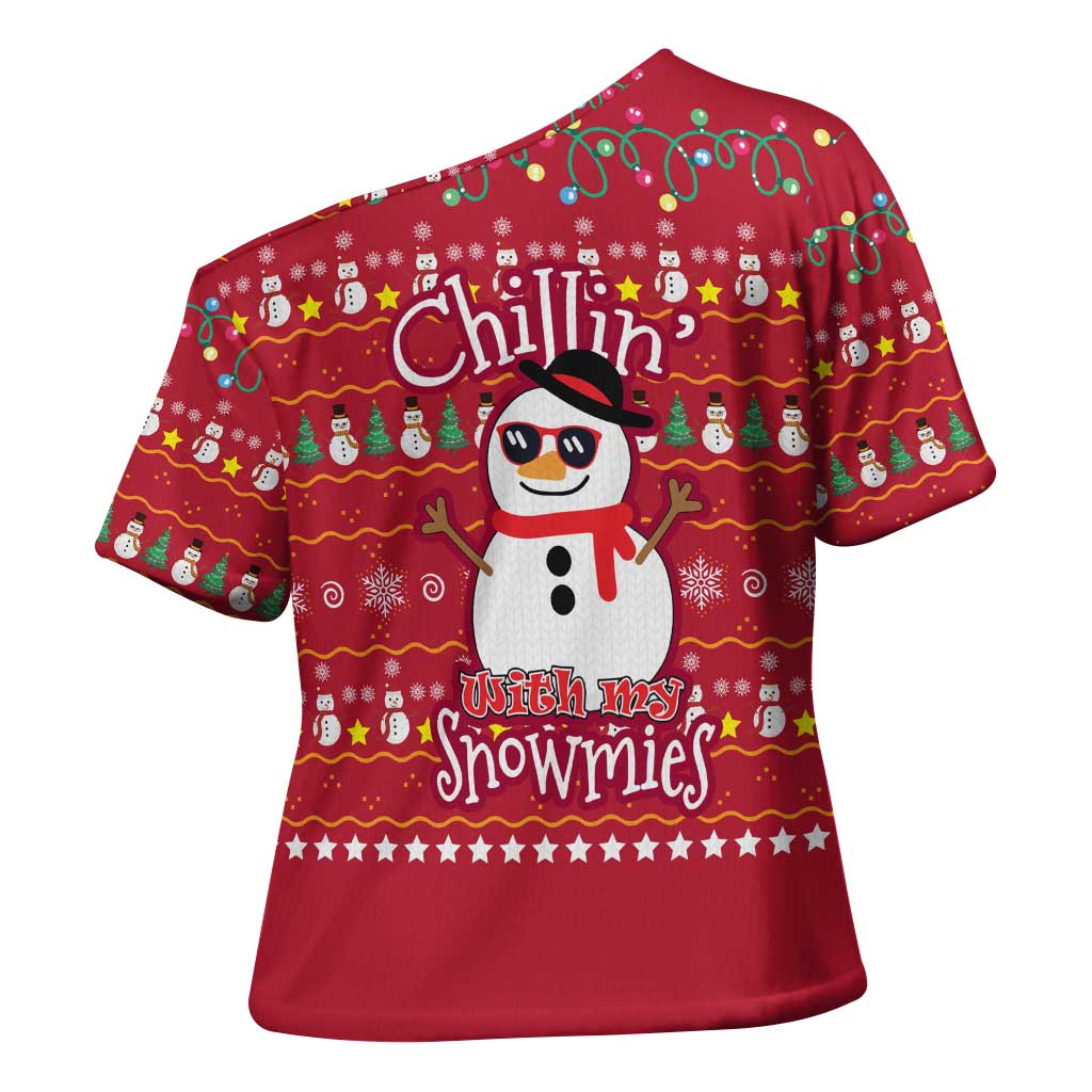 Christmas Chillin With My Snowmies Cross Shoulder Shirt Cool Snowman Red Snowflake Light String - Wonder Print Shop