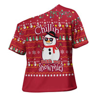 Christmas Chillin With My Snowmies Cross Shoulder Shirt Cool Snowman Red Snowflake Light String - Wonder Print Shop