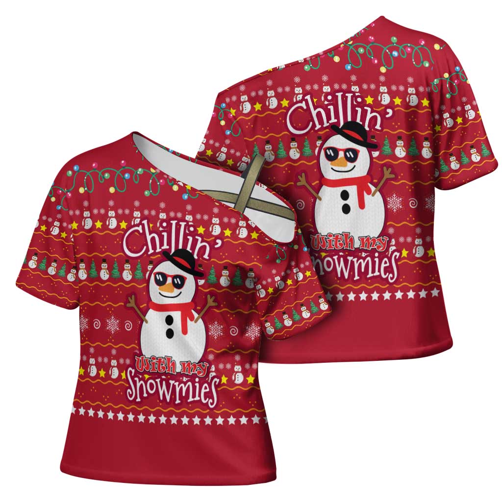 Christmas Chillin With My Snowmies Cross Shoulder Shirt Cool Snowman Red Snowflake Light String - Wonder Print Shop