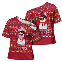 Christmas Chillin With My Snowmies Cross Shoulder Shirt Cool Snowman Red Snowflake Light String - Wonder Print Shop