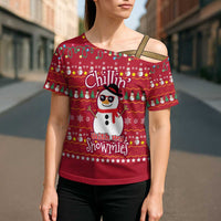 Christmas Chillin With My Snowmies Cross Shoulder Shirt Cool Snowman Red Snowflake Light String - Wonder Print Shop