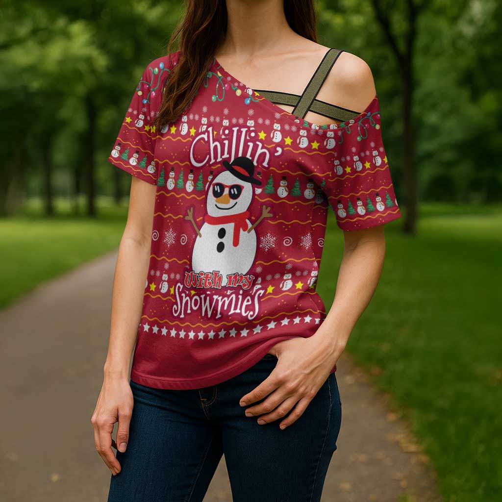 Christmas Chillin With My Snowmies Cross Shoulder Shirt Cool Snowman Red Snowflake Light String - Wonder Print Shop