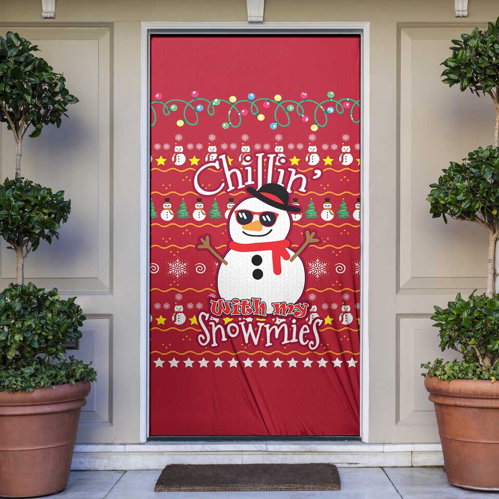 Christmas Chillin With My Snowmies Door Cover Cool Snowman Red Snowflake Light String - Wonder Print Shop
