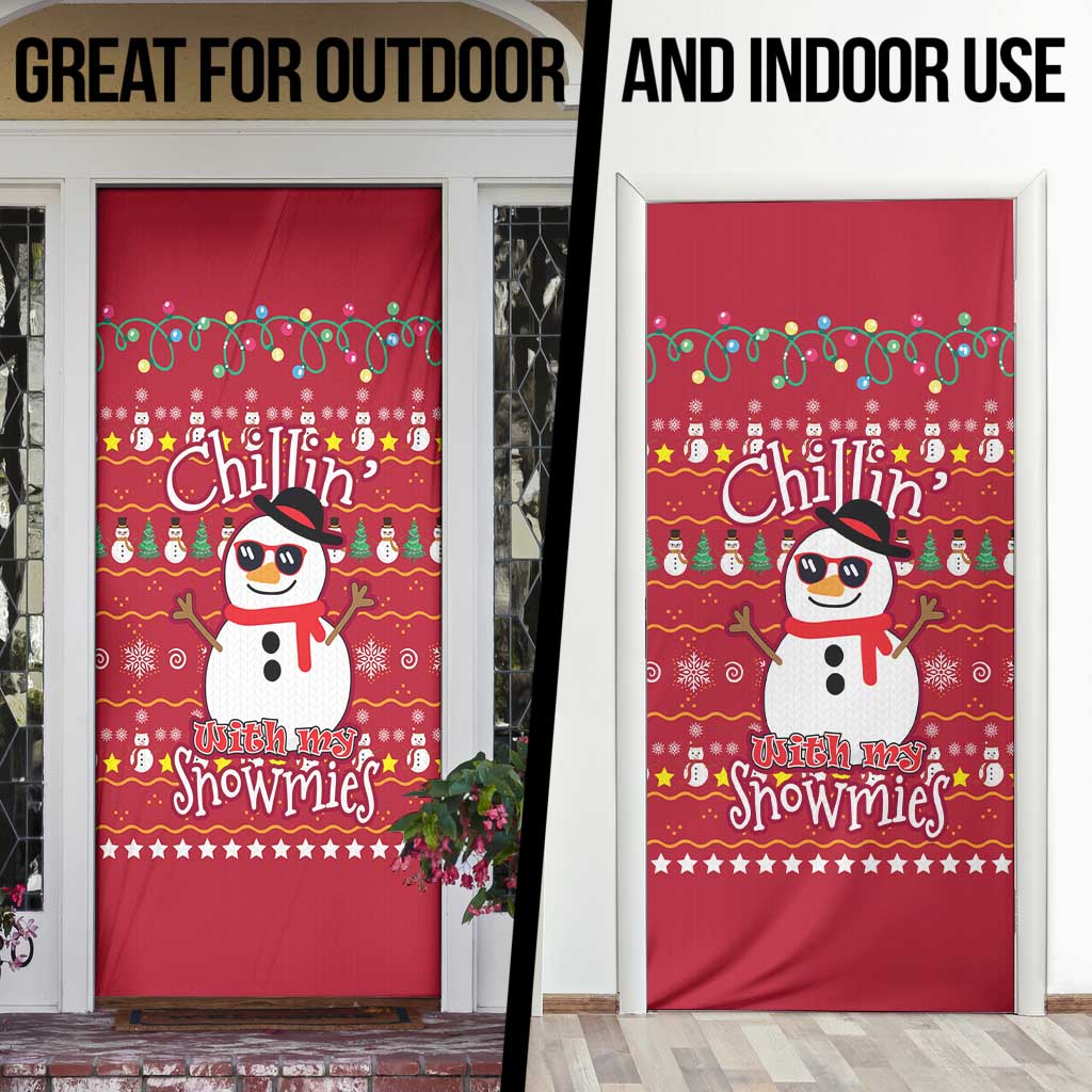 Christmas Chillin With My Snowmies Door Cover Cool Snowman Red Snowflake Light String - Wonder Print Shop