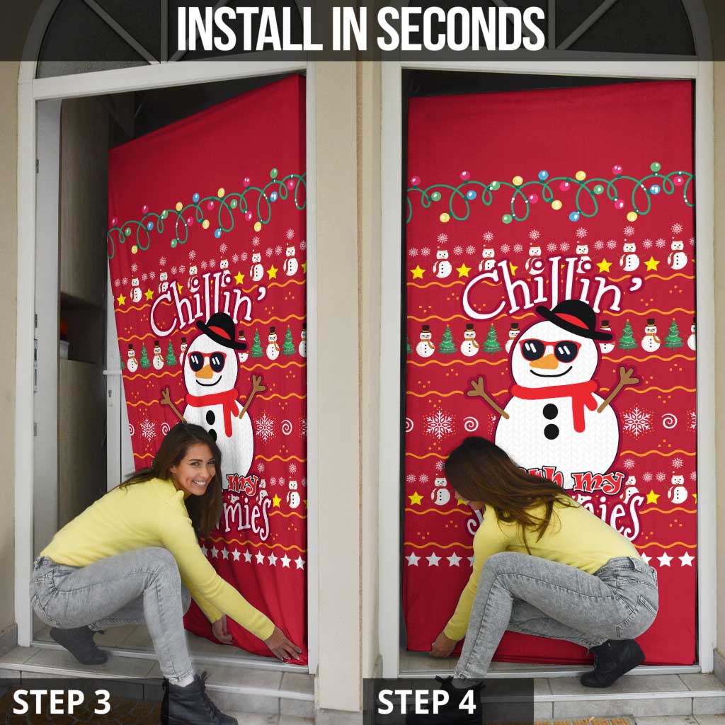 Christmas Chillin With My Snowmies Door Cover Cool Snowman Red Snowflake Light String - Wonder Print Shop