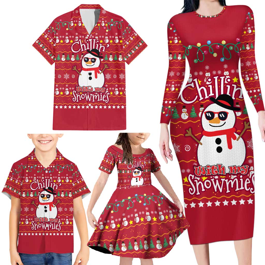 Christmas Chillin With My Snowmies Family Matching Long Sleeve Bodycon Dress and Hawaiian Shirt Cool Snowman Red Snowflake Light String - Wonder Print Shop