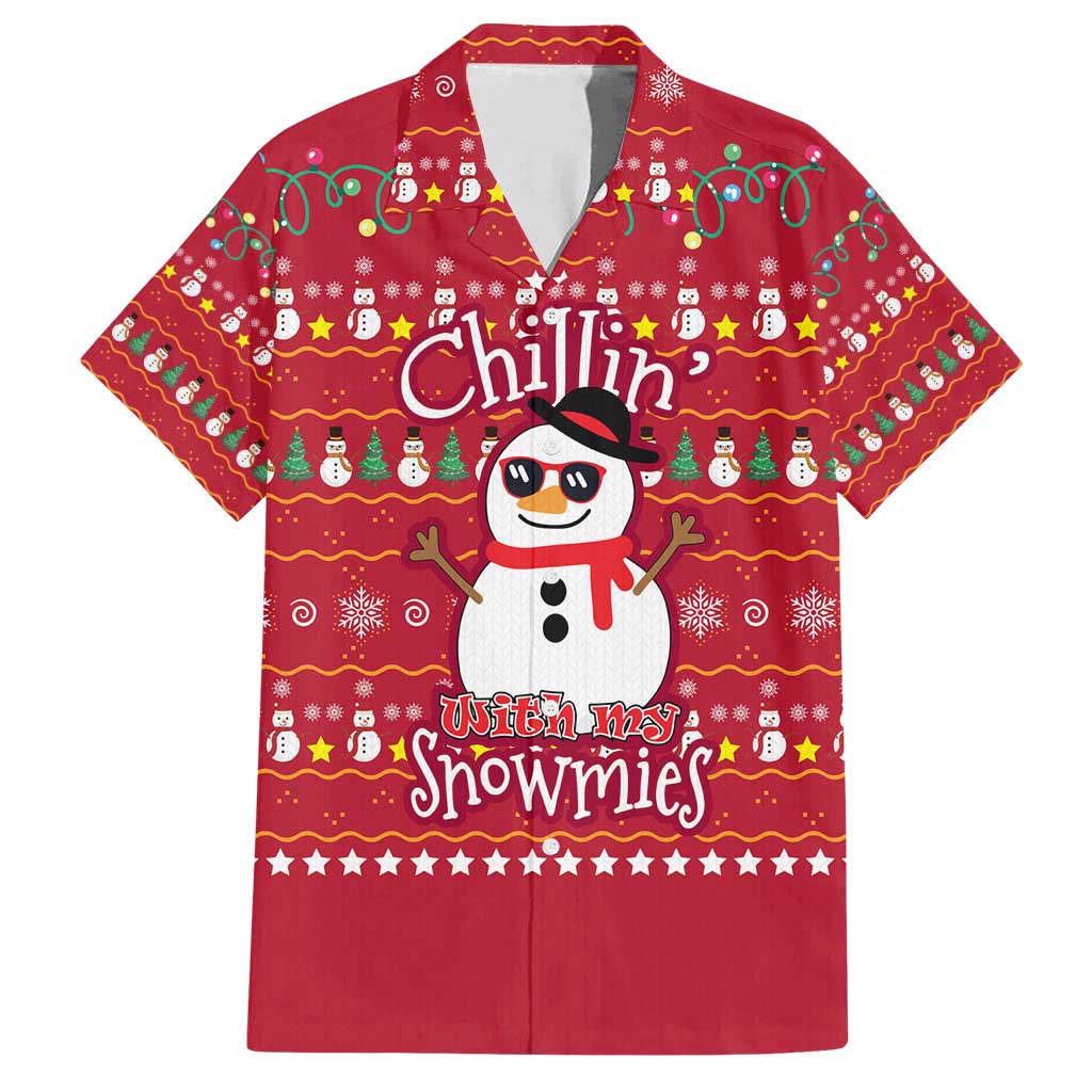 Christmas Chillin With My Snowmies Family Matching Long Sleeve Bodycon Dress and Hawaiian Shirt Cool Snowman Red Snowflake Light String - Wonder Print Shop