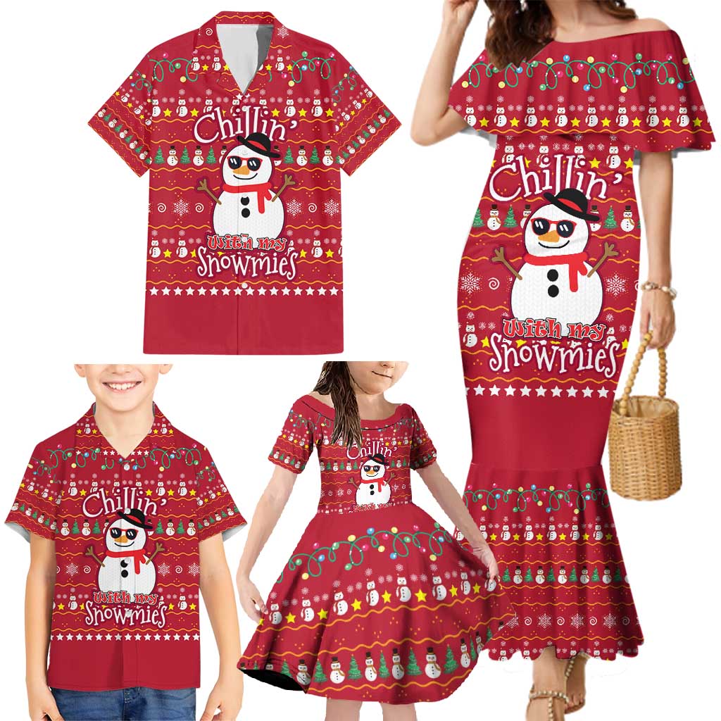 Christmas Chillin With My Snowmies Family Matching Mermaid Dress and Hawaiian Shirt Cool Snowman Red Snowflake Light String - Wonder Print Shop