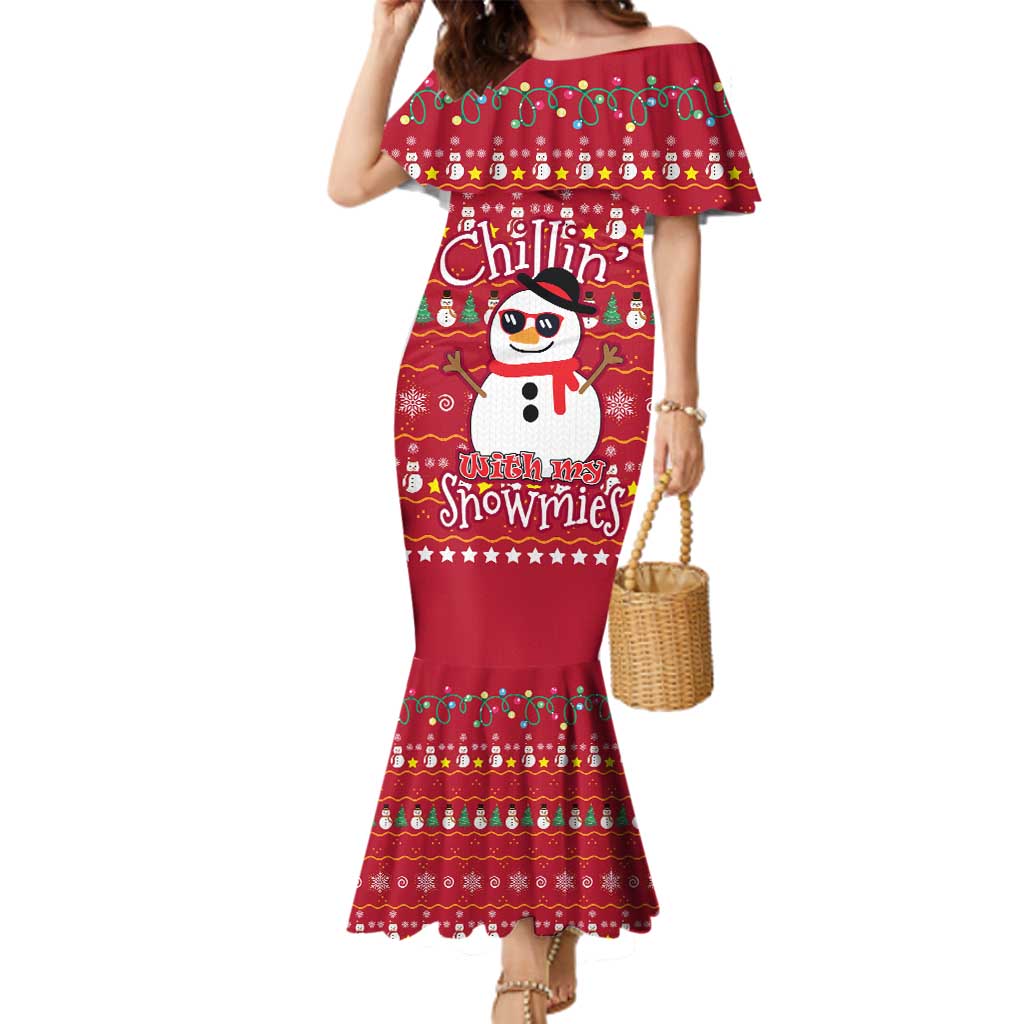 Christmas Chillin With My Snowmies Family Matching Mermaid Dress and Hawaiian Shirt Cool Snowman Red Snowflake Light String - Wonder Print Shop