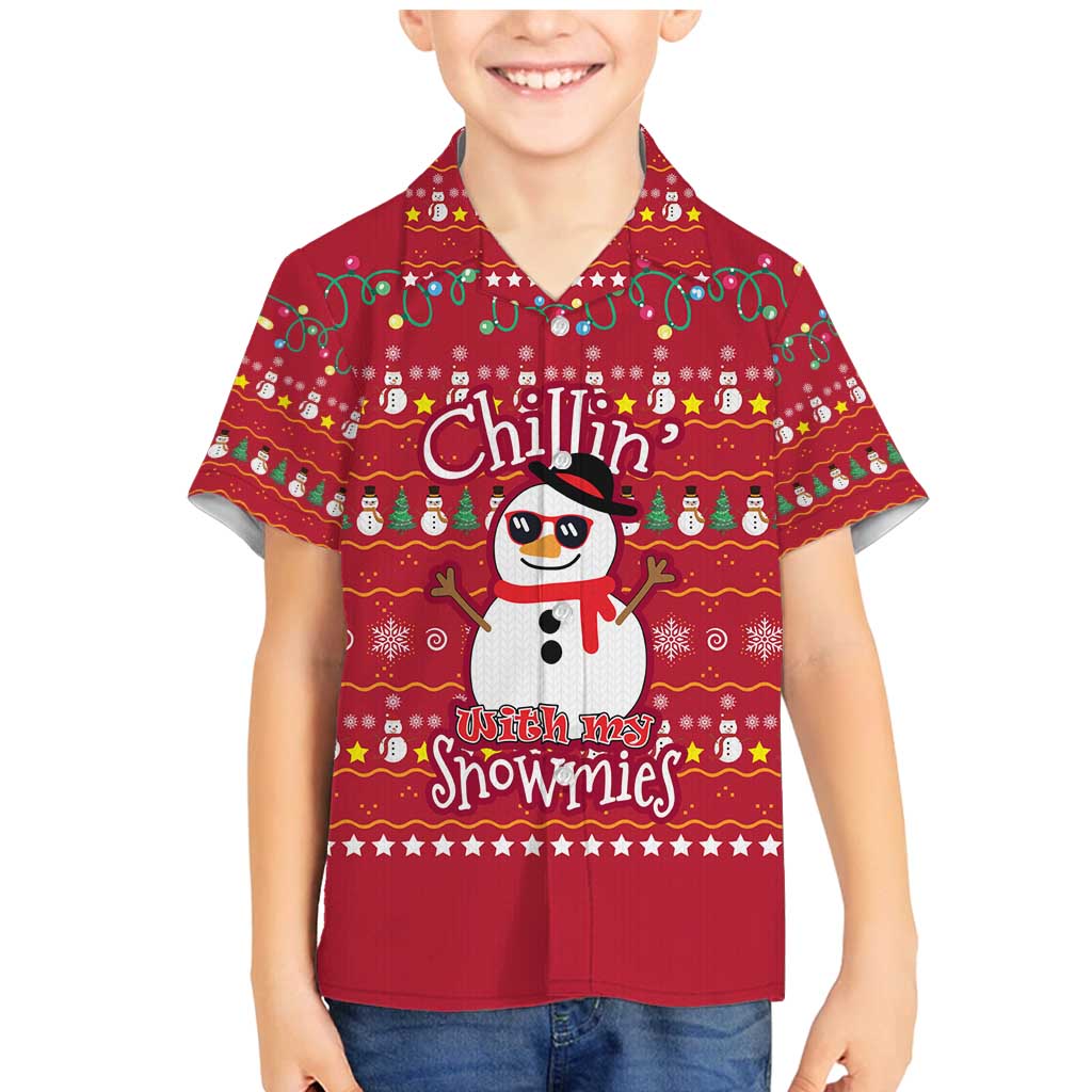 Christmas Chillin With My Snowmies Family Matching Mermaid Dress and Hawaiian Shirt Cool Snowman Red Snowflake Light String - Wonder Print Shop