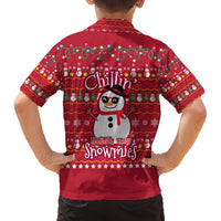 Christmas Chillin With My Snowmies Family Matching Off The Shoulder Long Sleeve Dress and Hawaiian Shirt Cool Snowman Red Snowflake Light String - Wonder Print Shop
