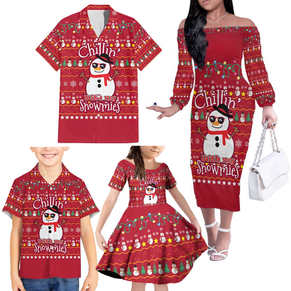 Christmas Chillin With My Snowmies Family Matching Off The Shoulder Long Sleeve Dress and Hawaiian Shirt Cool Snowman Red Snowflake Light String - Wonder Print Shop