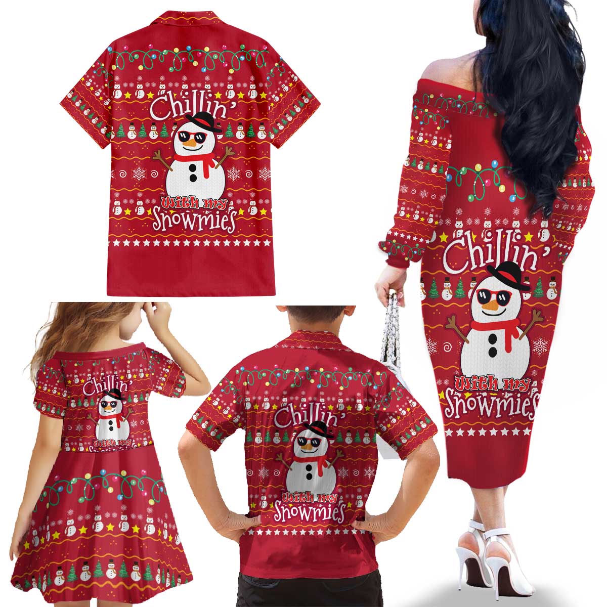 Christmas Chillin With My Snowmies Family Matching Off The Shoulder Long Sleeve Dress and Hawaiian Shirt Cool Snowman Red Snowflake Light String - Wonder Print Shop