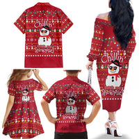 Christmas Chillin With My Snowmies Family Matching Off The Shoulder Long Sleeve Dress and Hawaiian Shirt Cool Snowman Red Snowflake Light String - Wonder Print Shop