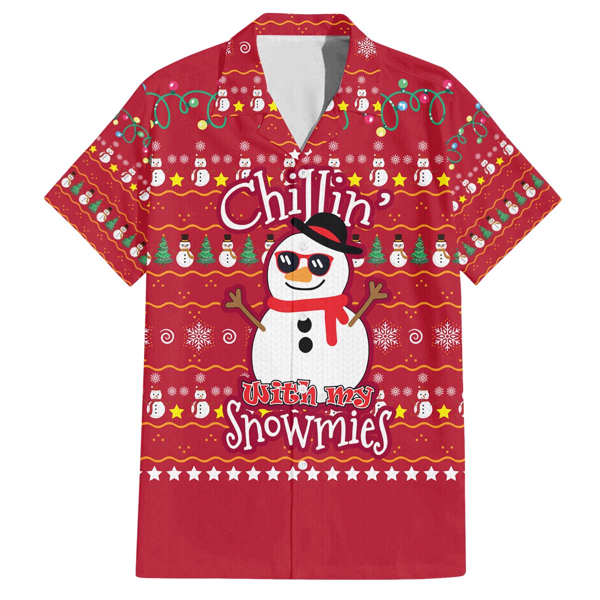 Christmas Chillin With My Snowmies Family Matching Off The Shoulder Long Sleeve Dress and Hawaiian Shirt Cool Snowman Red Snowflake Light String - Wonder Print Shop