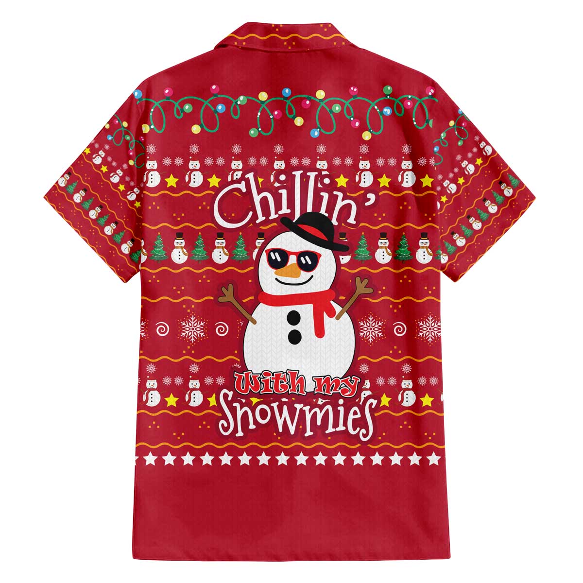 Christmas Chillin With My Snowmies Family Matching Off The Shoulder Long Sleeve Dress and Hawaiian Shirt Cool Snowman Red Snowflake Light String - Wonder Print Shop