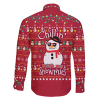 Christmas Chillin With My Snowmies Family Matching Off The Shoulder Long Sleeve Dress and Hawaiian Shirt Cool Snowman Red Snowflake Light String - Wonder Print Shop