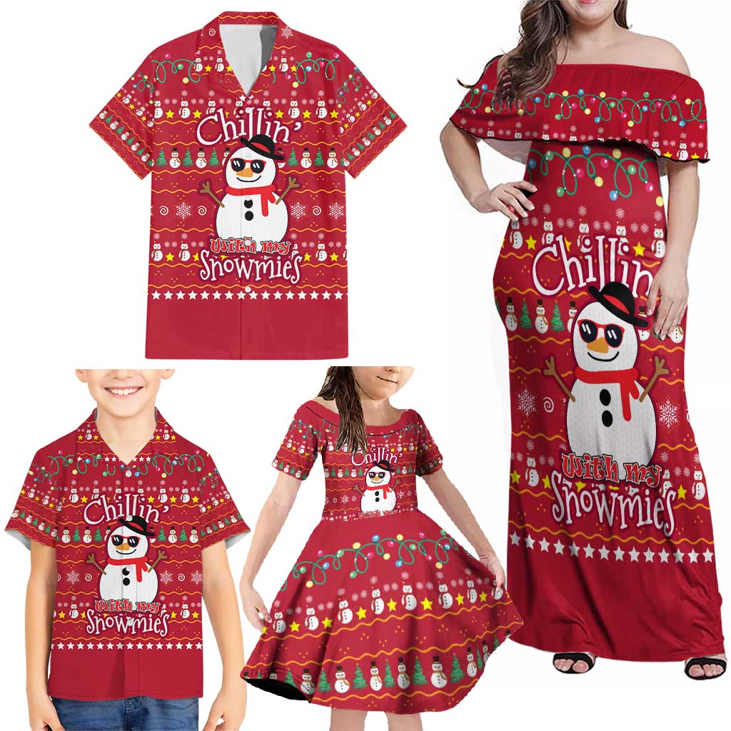 Christmas Chillin With My Snowmies Family Matching Off Shoulder Maxi Dress and Hawaiian Shirt Cool Snowman Red Snowflake Light String - Wonder Print Shop