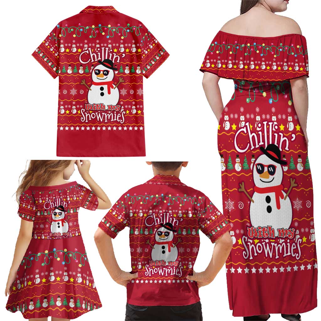 Christmas Chillin With My Snowmies Family Matching Off Shoulder Maxi Dress and Hawaiian Shirt Cool Snowman Red Snowflake Light String - Wonder Print Shop
