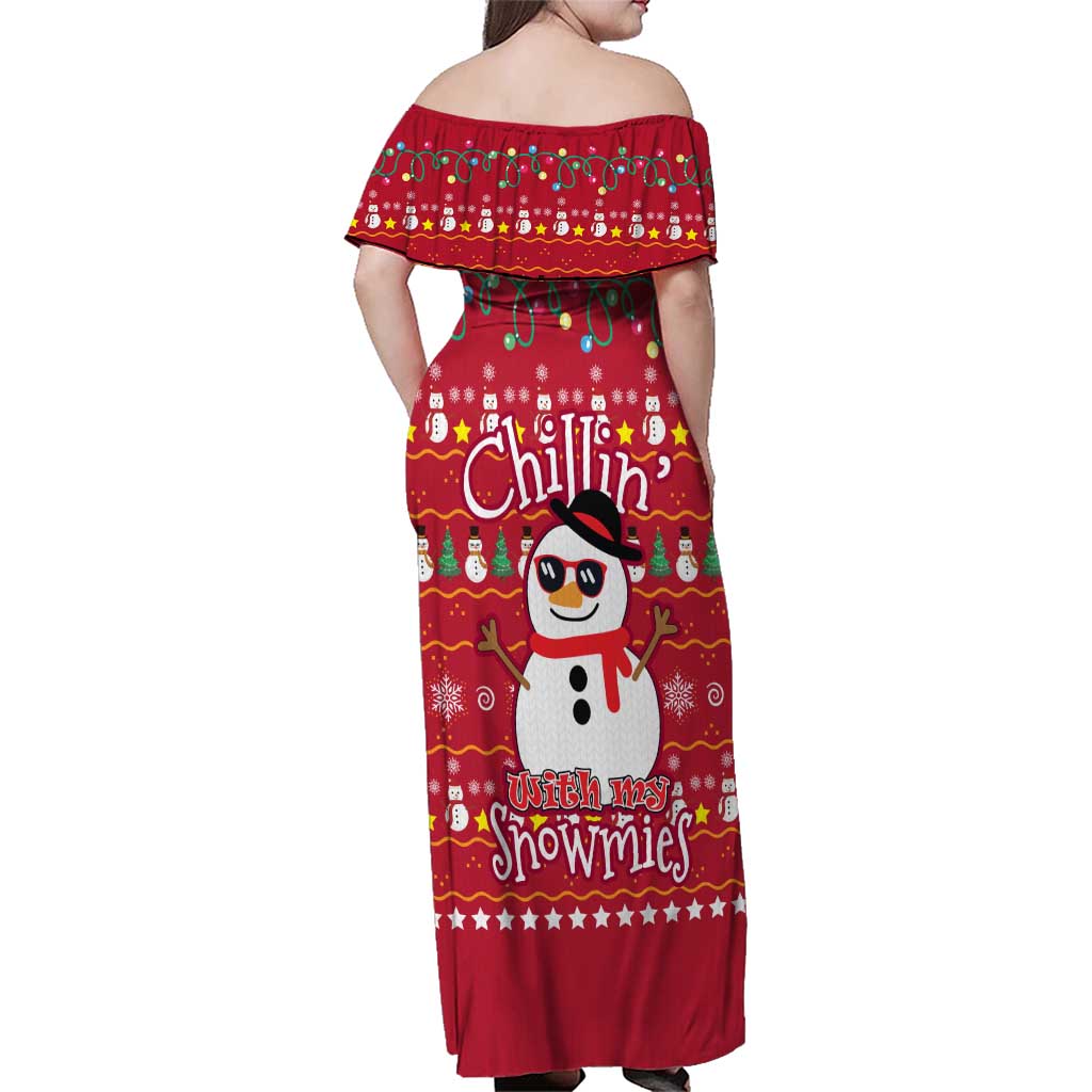 Christmas Chillin With My Snowmies Family Matching Off Shoulder Maxi Dress and Hawaiian Shirt Cool Snowman Red Snowflake Light String - Wonder Print Shop