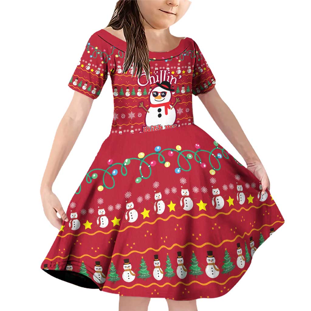 Christmas Chillin With My Snowmies Family Matching Off Shoulder Short Dress and Hawaiian Shirt Cool Snowman Red Snowflake Light String - Wonder Print Shop