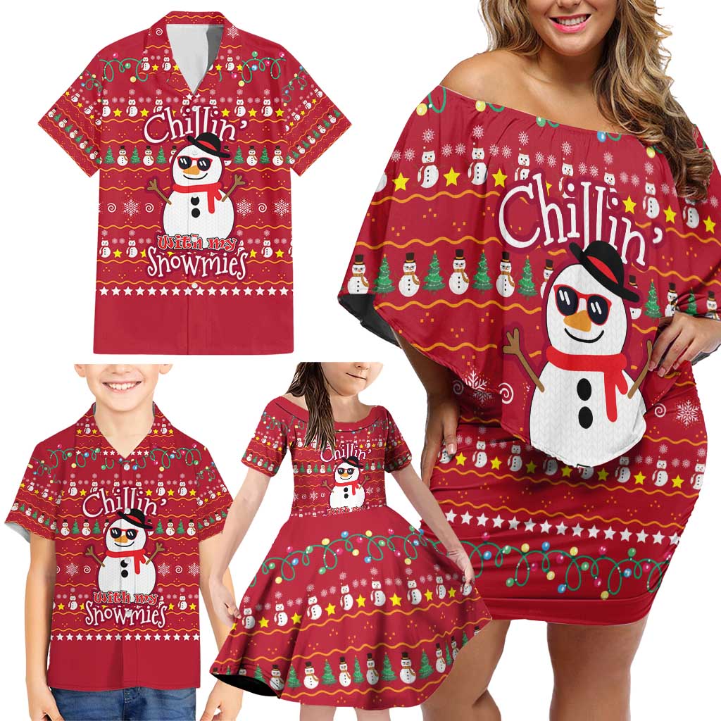 Christmas Chillin With My Snowmies Family Matching Off Shoulder Short Dress and Hawaiian Shirt Cool Snowman Red Snowflake Light String - Wonder Print Shop
