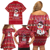 Christmas Chillin With My Snowmies Family Matching Off Shoulder Short Dress and Hawaiian Shirt Cool Snowman Red Snowflake Light String - Wonder Print Shop