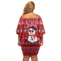 Christmas Chillin With My Snowmies Family Matching Off Shoulder Short Dress and Hawaiian Shirt Cool Snowman Red Snowflake Light String - Wonder Print Shop