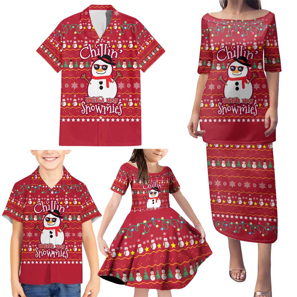Christmas Chillin With My Snowmies Family Matching Puletasi and Hawaiian Shirt Cool Snowman Red Snowflake Light String - Wonder Print Shop