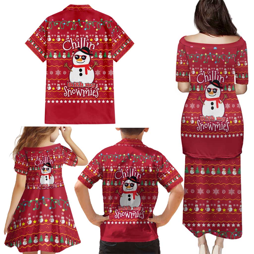 Christmas Chillin With My Snowmies Family Matching Puletasi and Hawaiian Shirt Cool Snowman Red Snowflake Light String - Wonder Print Shop